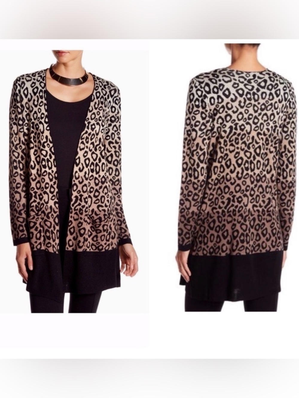 EUC Joseph A. Leopard Print Open-Front Cardigan - Taupe & Black